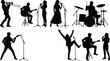 © Creative Asif - Musician silhouette, live band, musical performance, black figures, white background, guitar, drums, trombone, singing, concert energy, expressive pose