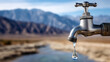 © Nataliya - Single water droplet from faucet in arid landscape, water scarcity, conservation urgency, resource management, drought awareness, environmental crisis, sustainability, with copy space