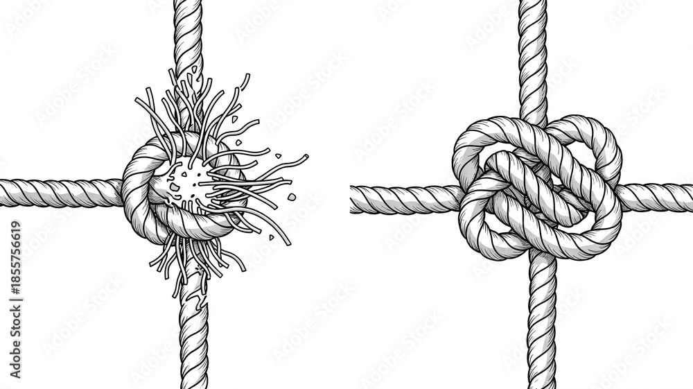 Weakness Rope Illustration Comparing a Frayed Breaking Rope Knot and a Strong Secure ...