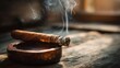 © Oleksandr - Close-up of a lit cigar with curling smoke on a wooden table under warm ambient lighting