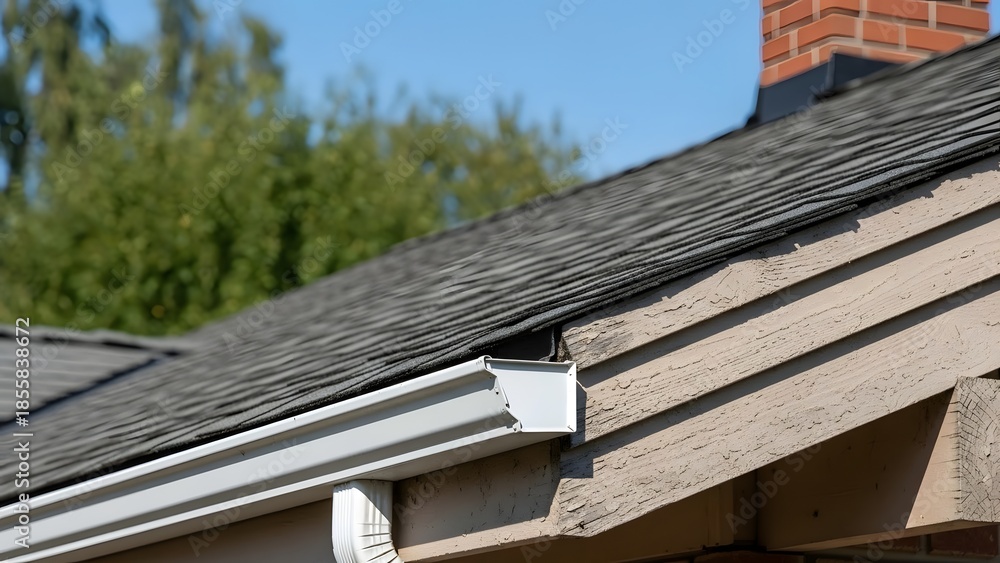 White rain gutter system on a grey asphalt shingle roof with tan siding ...