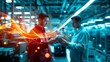 © Halim - Generative AI futuristic warehouse scene depicting two young men collaborating with holographic
