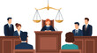 © James - Legal courtroom proceedings with a judge presiding at the bench under scales of justice while the jury and lawyers observe the trial.