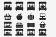 © Bohdan - Market icons: fruits, vegetables, clothing, baskets, and computers