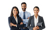 © mamo studios - Diverse business team of confident professionals featuring two women and one man, posing happily in corporate attire with a tablet, isolated on transparent background.