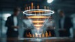 © cllareta - A vibrant, futuristic funnel graphic floats above a blurred conference table with business people in the background, a digital concept