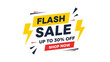 © Oki - A vibrant flash sale banner with lightning bolts, announcing up to 30% off and encouraging shoppers to shop now.