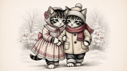  An adorable cartoon illustration of a cute black and white kitten with a cat and dog, featuring funny domestic animals and a vector pet art isolated on a beautiful snow background