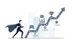 © Kino Studio - Businessman in Cape Ascending Growth Chart Towards Achievement Icon Businessman superhero success