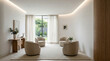 © Segnaless - Modern minimalist living room interior with curved walls and beige armchairs. Luxury home design with soft natural light