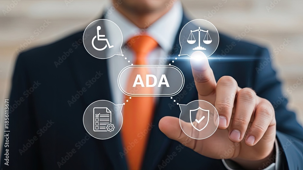 Businessman interacting with ADA compliance icons on digital interface ...