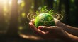 © PixelNest - Hand holds a green globe with leaves and network connections. Earth planet eco concept of ecology and environment. Nature conservation and sustainable development. Global warming and save the world.