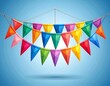 © Mohamad Iksan Ubaidi - Vibrant geometric bunting flags hanging, a festive decoration set with colorful triangular pennants on a rope against a clear blue background, perfect for celebrations and events