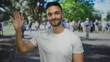 © Krakenimages.com - Young man standing outdoors in urban street wearing white shirt waving with trees and people in the background on a sunny day showing a friendly gesture.