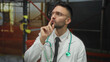 © Krakenimages.com - Hispanic male doctor with stethoscope in white coat gestures silence at a construction site, symbolizing a unique intersection of healthcare and industrial settings.