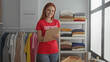 © Krakenimages.com - Woman volunteering in charity room with clipboard surrounded by donated clothes and stacks of folded garments under soft daylight.