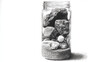 © Mahmud - Pencil sketch-style artistic illustration of a jar filled with sand, pebbles, and large rocks that overflow, representing a product analogy with layered composition.
