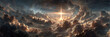 © Selvam - Cross with glowing light beams at sunrise surrounded by dramatic clouds, concept of resurrection and divine faith