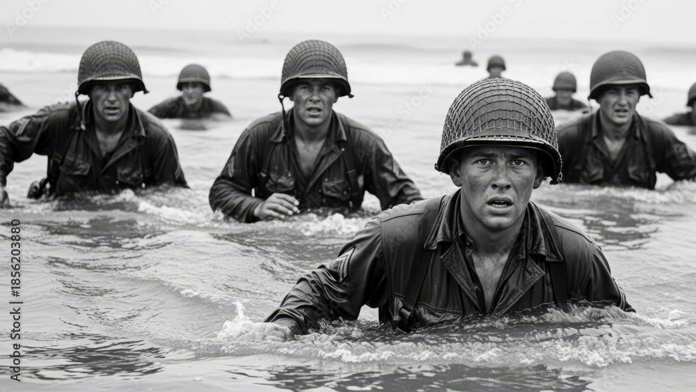 Dramatic D-Day style photography showing the intensity of war and amphibious assault.