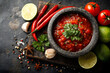 © john - Tomato salsa (salsa roja) - traditional mexican sauce with ingredients for making on a light grey slate,stone or concrete background.Top view with copy space.