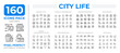 © IMG visuals icons - City life line icons set collection. Lifestyle in urban areas. Dynamic environment for social interaction mega pack of linear pictograms, pixel perfect. Isolated vector illustrations. Editable stroke