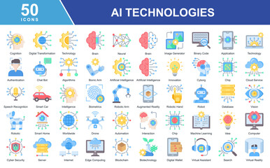  Artificial Intelligence Technologies icon set featuring icons for AI, machine learning, automation, big data, and cybersecurity. Perfect for tech, robotics, and data-driven innovation projects