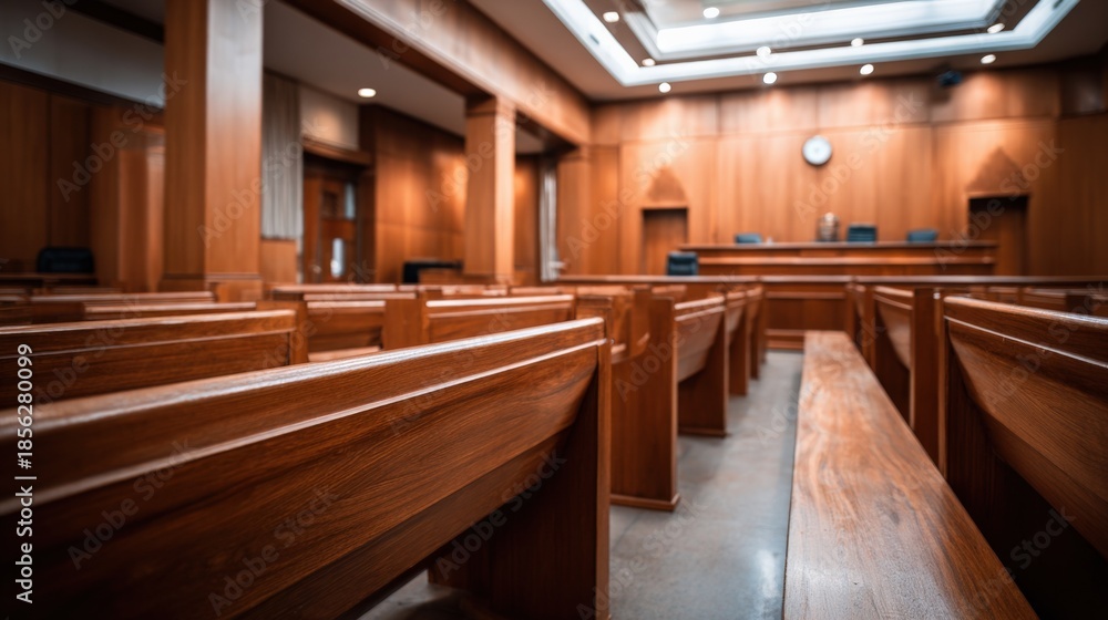 Empty courtroom interior featuring wooden benches, paneling, and a stately judge's bench, symbolizing law and justice