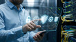 © Prime - IT administrator holding glass tablet with shield and padlock icons in data center,representing network security,cyber defense,data privacy protection,and firewall system configurations.