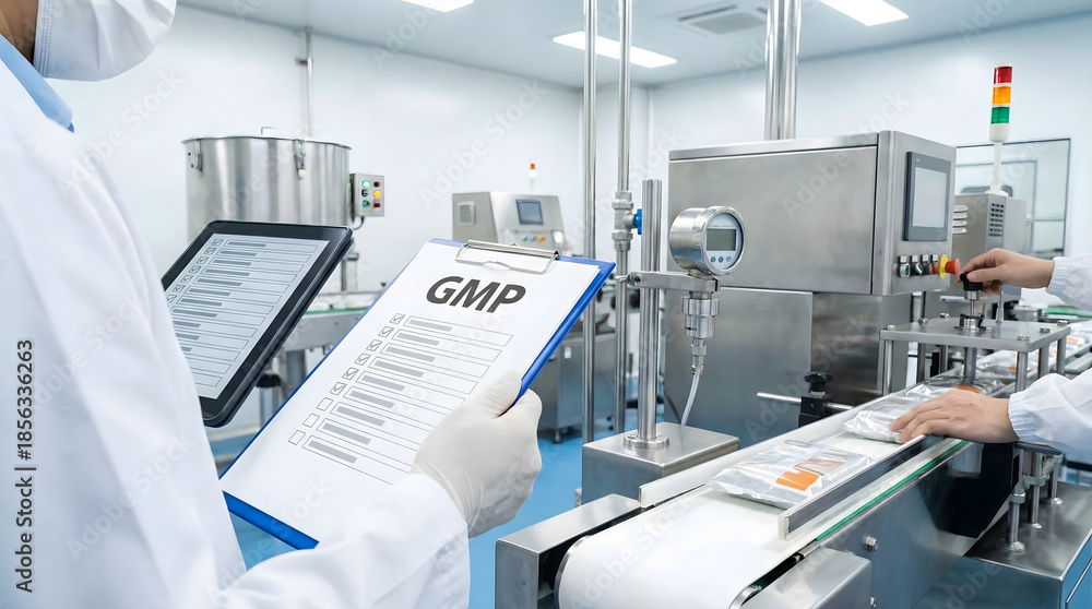 Inspector holding clipboard with GMP text in factory,checking good ...