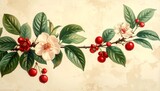 A detailed botanical illustration of the cherry plant with flowers, leaves, and ripe berries, rendered in a scientific vintage style on a soft cream background