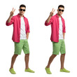 © yendisupiandi - Stylish young man in vibrant casual outfit making peace sign on isolated background