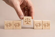 © Piya W. - Concept of honest marketing ethics building consumer trust with hand placing wooden block with scale icon among megaphones