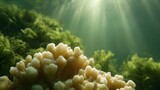 Sunlight streams through tranquil ocean waters illuminating a vibrant coral reef ecosystem with lush green algae