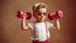 © Nataliya - Child in retro strongman outfit doing strength exercises, vintage athletic wear, youth training routine, fitness goals, dumbbell workout, with copy space