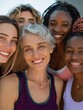 © Johannes - happy multi generational women having fun together  multiracial friends smiling on camera after sport workout outdoor  main focus on african female face no logos no brands ar 34