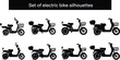 © Sawda's World - Set of electric bike silhouettes, modern scooter collection isolated on white background, eco transport icon pack for mobility, urban delivery, rental design, illustration vector
