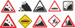 © welcome - Landslide and falling rocks warning sign, debris hazard caution symbol, triangular road safety icon, dangerous terrain alert illustration, protective safety signage for highways