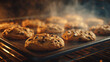 © andyaziz6 - Close-animated movie view of freshly baked chocolate chip cookies with golden-brown edges and melty chocolate chunks cooling on a baking sheet inside an oven