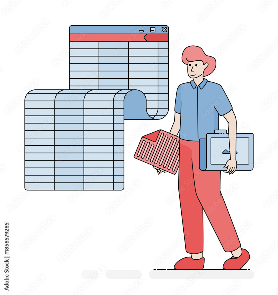 Report File Cartoon Workplace scene showing employees reviewing detailed reports and ...