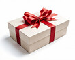 © Inoxodec - Elegant gift box with red ribbon and bow on white background.Cream-colored gift box with a glossy red ribbon wrapped around it, forming a large, elegant bow on top.