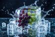 © Vadym - Bunch of red and green grapes encased in large transparent ice block surrounded by splashing water and smaller cubes