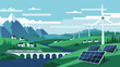 © Beny Qurdy - Sustainable renewable energy landscape with wind turbines, solar panels, and a train on a bridge, representing eco-friendly transportation and a clean environment