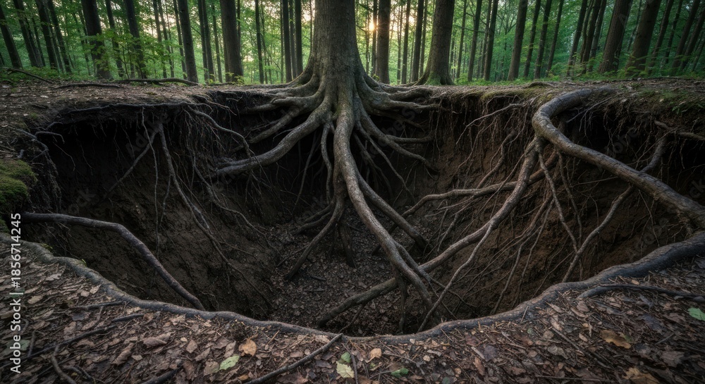 Exposed tree roots in a forest clearing at sunset, revealing a large ...