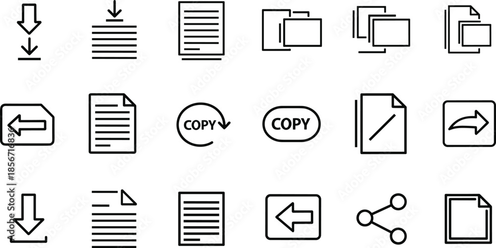 Document and file operation icon set in black and white, UI symbols for ...