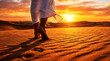 © Fitria - Walking Barefoot on Desert Sand During a Golden Sunset, Concepts of Freedom and Spiritual Journey, Peaceful Solitude in Nature, Warm Light, Minimalist Travel Background and Self-Awareness