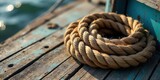 A weathered nautical rope coil rests on aged wooden planks, near sunlit water