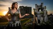 © Kaleo - Woman in elaborate castle costume poses near miniature fortress at sunset.