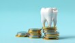 © Design Stock - A pristine white tooth is centrally positioned atop stacks of gold and silver coins symbolizing dental health investment high quality professional