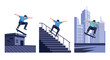 © Mikeyu - A set of three scenes depicting a young man performing dynamic skateboarding tricks in a modern urban environment.