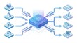 © Apin - A blue 3D cube with a circular logo on top connects to multiple smaller cubes with various icons, representing an AI workflow process on a white background with a futuristic and